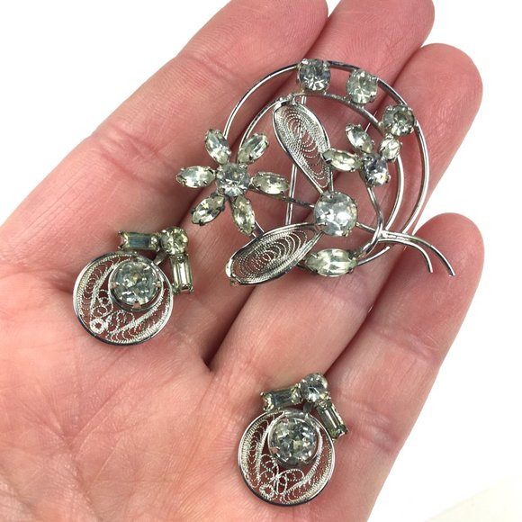 Vintage Sterling Rhinestone Brooch and Earrings - Picture 2 of 9